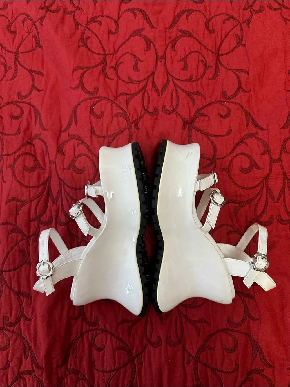 Dolls Kill White Platform Wedge Sandals with Silver Buckles